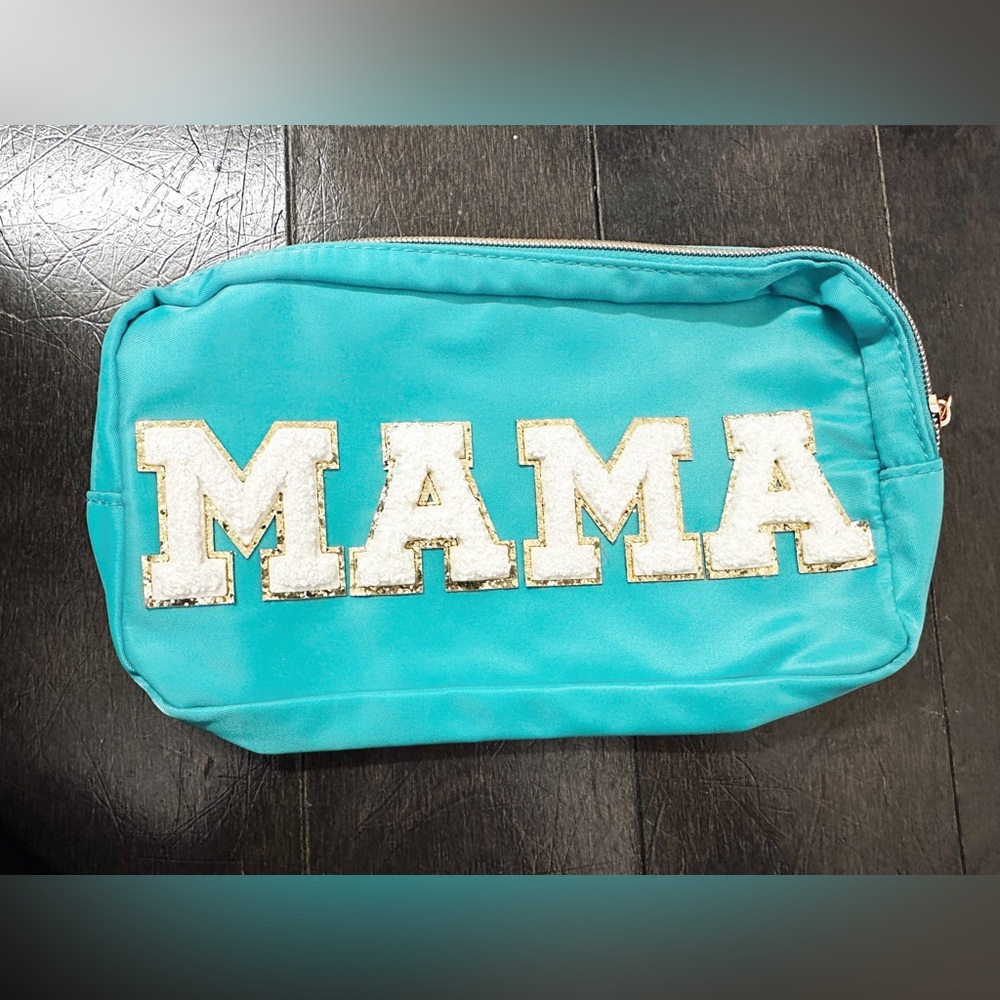 NEW MAMA Chenille Letter Makeup Bag – Teal Nylon – Gold Trim